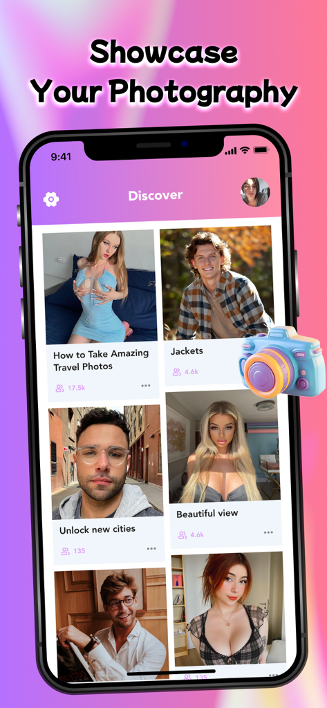 Pantalla de descubrimiento de la aplicación Rave mostrando fotografía y perfiles de usuario