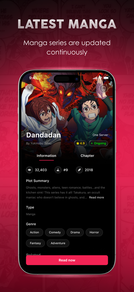 Screenshot of Manga Galaxy app displaying information for the latest manga series Dandadan