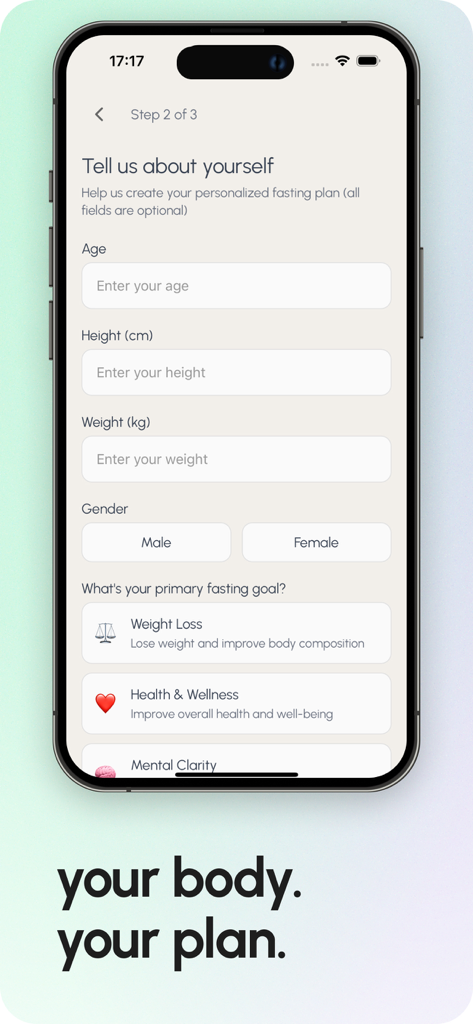 Pantalla de incorporación de FastFlow para personalizar un plan de ayuno con perfil de usuario y objetivos de salud.