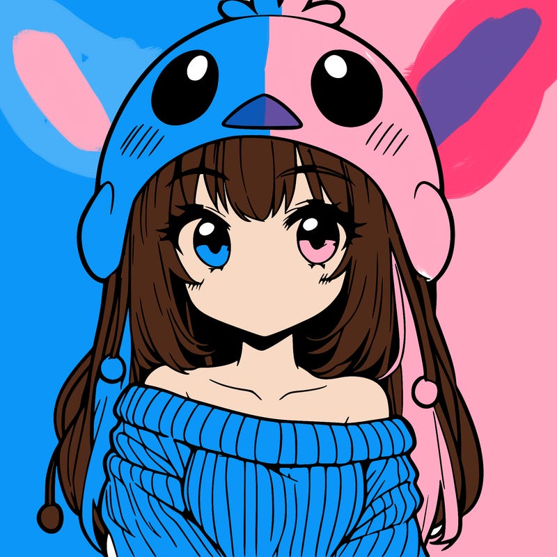 anime girl with chick shaped hat with sweater with bare shoulders with bangs covering them one eye with low tail