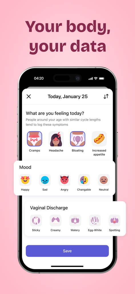 Clover - Period Tracker AI - Clover Perioden-Tracker-Symptom-Logging-Bildschirm mit Symbolen für Stimmung, Ausfluss und körperliche Symptome