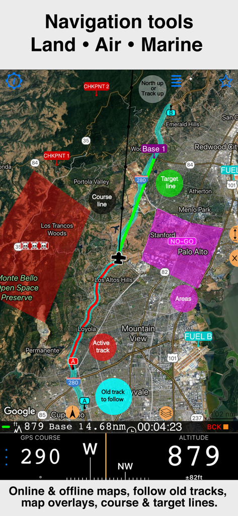 Compass 55 professional navigation interface showing satellite map with track overlays and altitude data