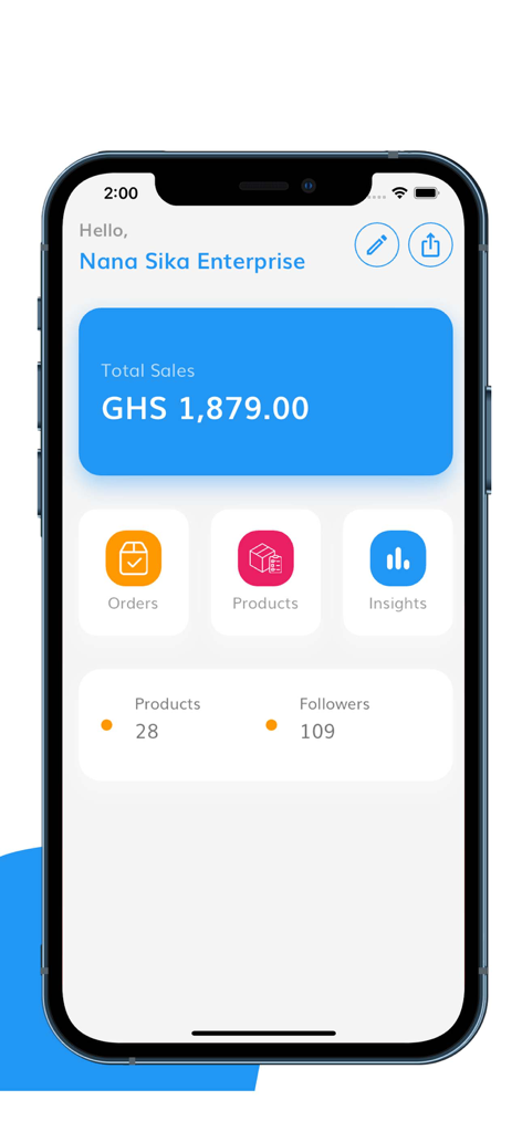 Tuduショッピングアプリのインターフェース。売上データとビジネス管理ツールが表示されたセラーダッシュボードを表示します。