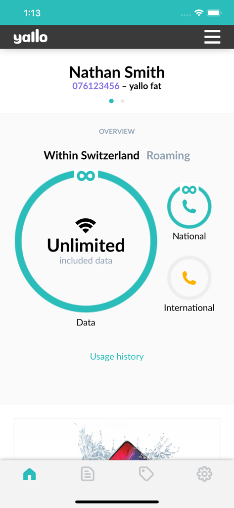 Dashboard dell'app yallo che mostra la panoramica dei consumi di dati illimitati e delle chiamate nazionali