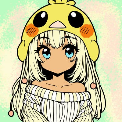 anime girl with chick shaped hat with sweater with bare shoulders with bangs covering them one eye with low tail