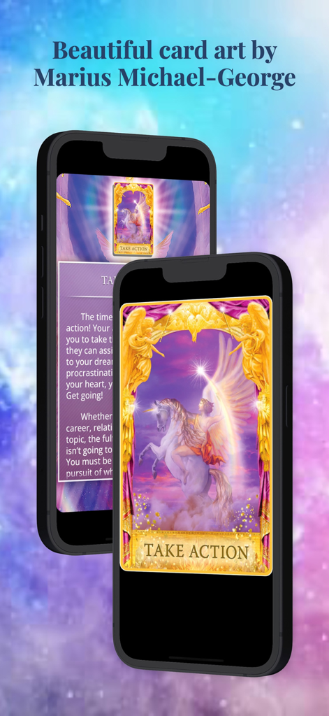 Angel Answers Oracle Cards - Two iPhones displaying the Take Action card from Angel Answers Oracle Cards featuring art by Marius Michael-George