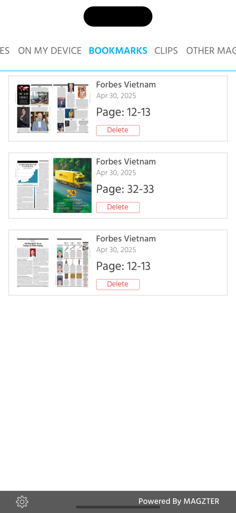 Pantalla de marcadores de la aplicación Forbes Vietnam que muestra una lista de páginas de revista guardadas con miniaturas y fechas.