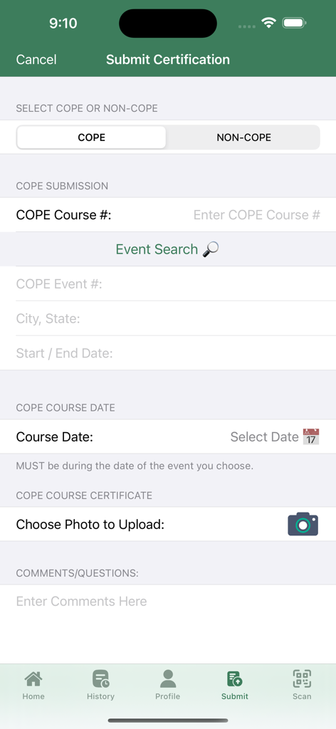 OE TRACKER attendance app - Submit certification screen for optometry continuing education credits in the OE TRACKER app