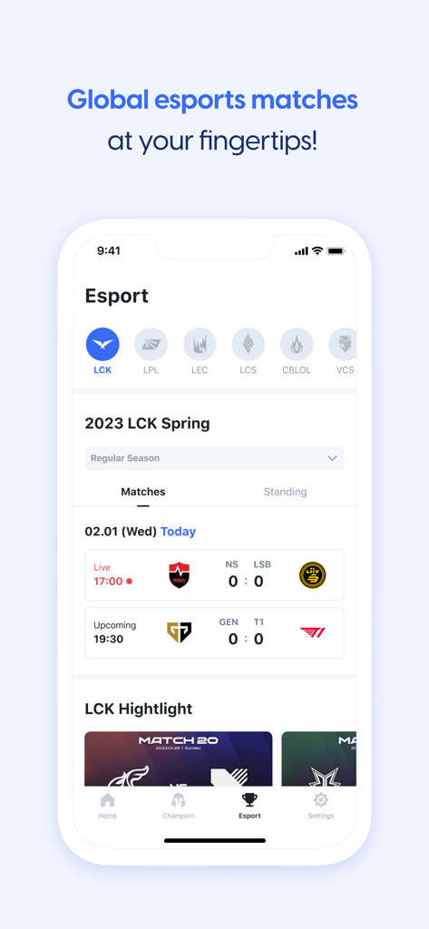 LCKやLPLなどのリーグのグローバルeスポーツの試合スケジュールとライブスコアを表示するOP.GGモバイルアプリのインターフェース