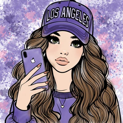 realistic beautiful girl wearing los ángeles cap holding an iphone
