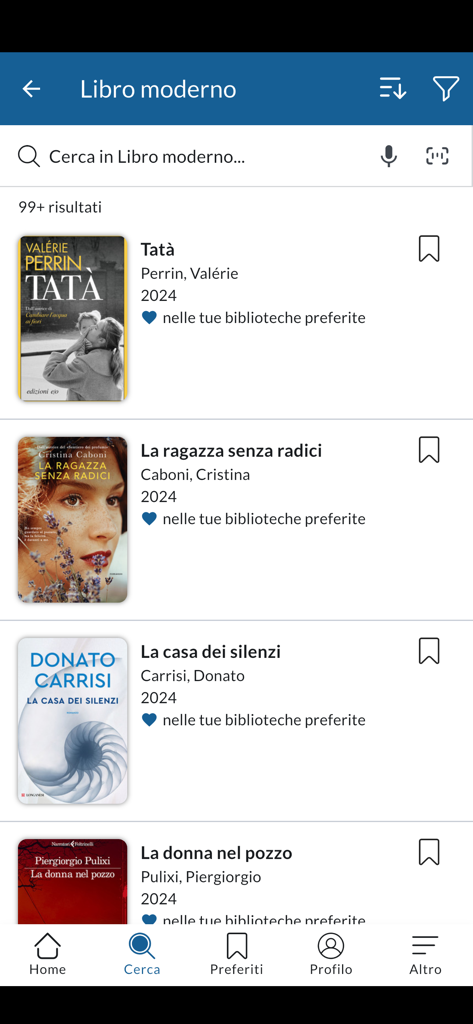 BiblioSar - Search results page in the BiblioSar app showing a list of modern books and authors