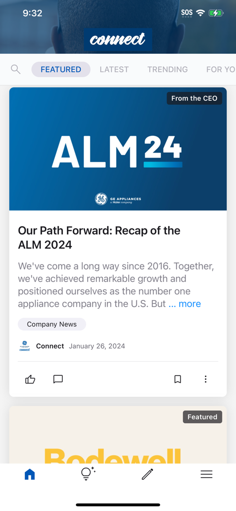 Featured internal company news and updates on the GE Appliances Connect mobile app dashboard