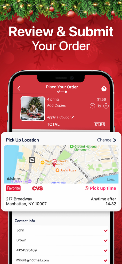 Photo Print: CVS Quick Prints - Mobile app interface showing the final review and submission step for ordering photo prints with a store pickup map