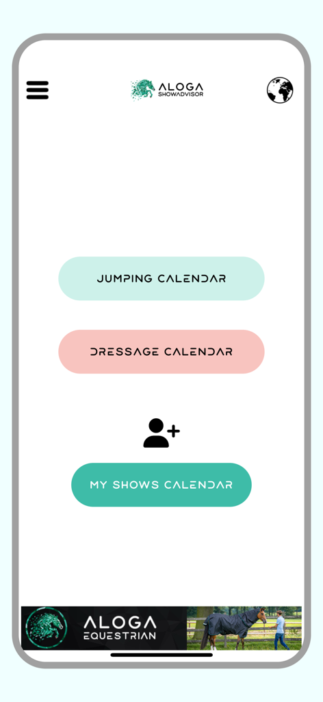 Aloga Showadvisor - Aloga Showadvisor mobile app dashboard showing buttons for jumping and dressage show calendars