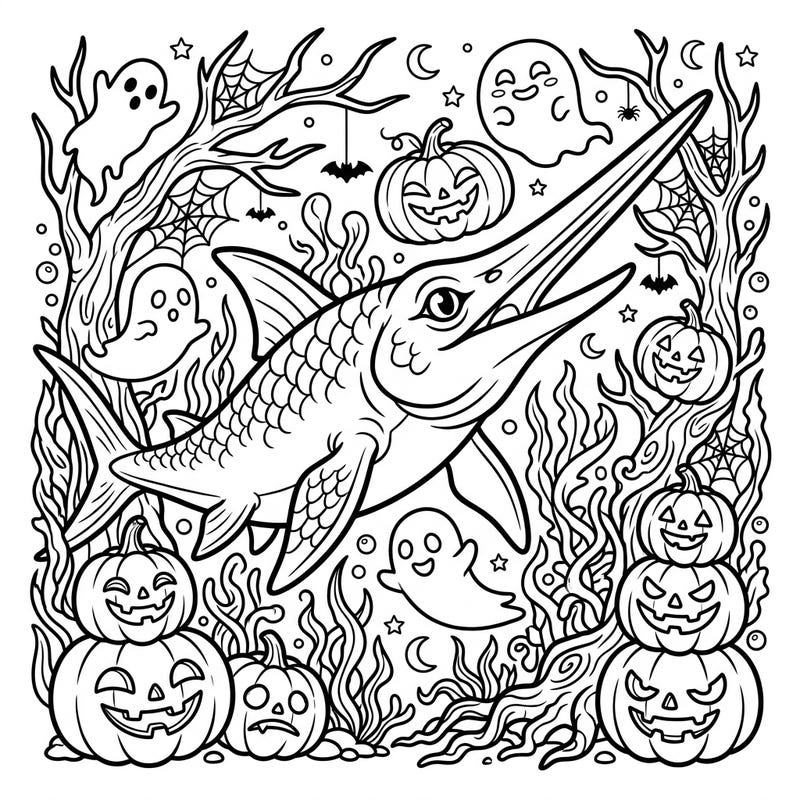 Get ready for a unique Halloween adventure with this incredible Eurhinosaurus coloring page! This prehistoric marine reptile swims among grinning jack-o'-lanterns and friendly ghosts, creating a perfectly spooky and fun scene to color.