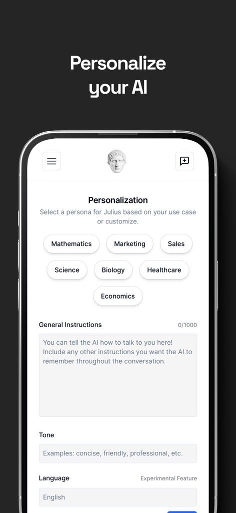 Julius AI: Data & Math Helper - Écran de personnalisation de Julius AI montrant des options pour sélectionner des personas comme Mathématiques ou Marketing et définir des instructions IA personnalisées.