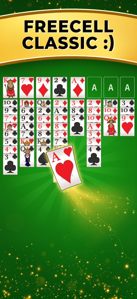 FreeCell Classicカードゲームのインターフェース。クリーンな緑色の背景に、大きく読みやすいカードが表示されています。