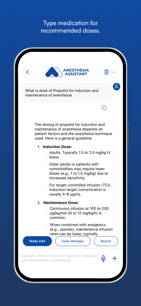 NYSORA Anesthesia Assistant app screen displaying propofol induction and maintenance dosage guidelines