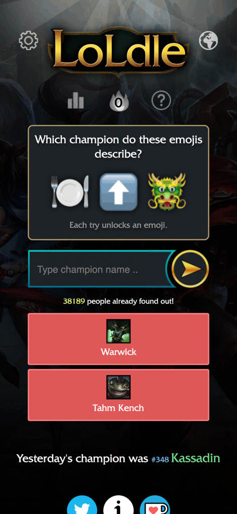 Écran de l'application LoLdle montrant le mode de jeu des emojis où les joueurs devinent un champion de League of Legends à partir d'une série d'emojis.