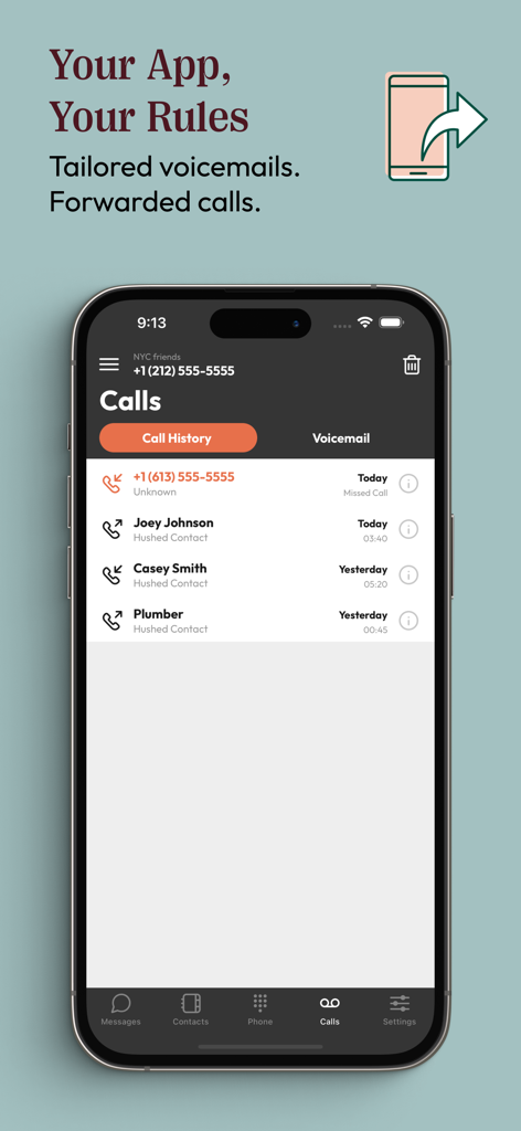Hushed app interface showing a call history list and call forwarding features on a smartphone.