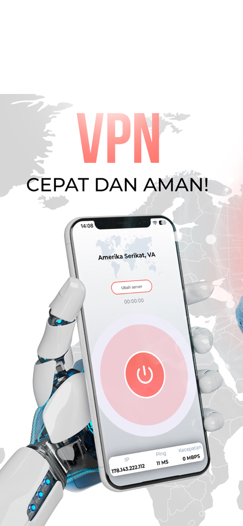 VPN Indonesia – Secure & Fast - A robot hand holding a smartphone displaying the VPN Indonesia app interface with a connection to a US server