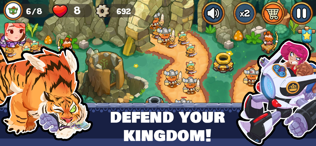 Vibrant fantasy tower defense gameplay with heroes and enemy waves