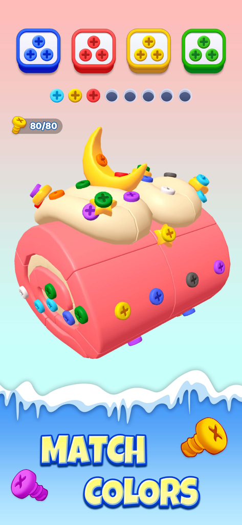 Unscrew Frenzy 3D - Gameplay screenshot of Unscrew Frenzy 3D featuring a pink cake roll model with colored screws and sorting boxes for a match colors puzzle.