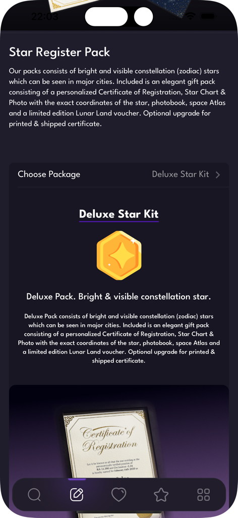 Deluxe Star Kit gift package details in Name Star Register app