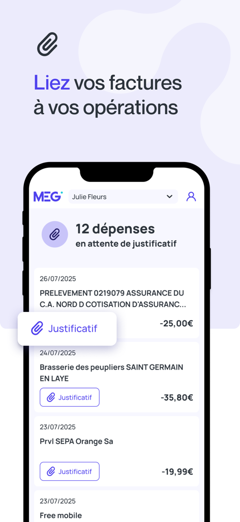 MEG - Mon Expert en Gestion - Interface de l'application MEG affichant une liste de transactions professionnelles et l'option pour les lier à des reçus