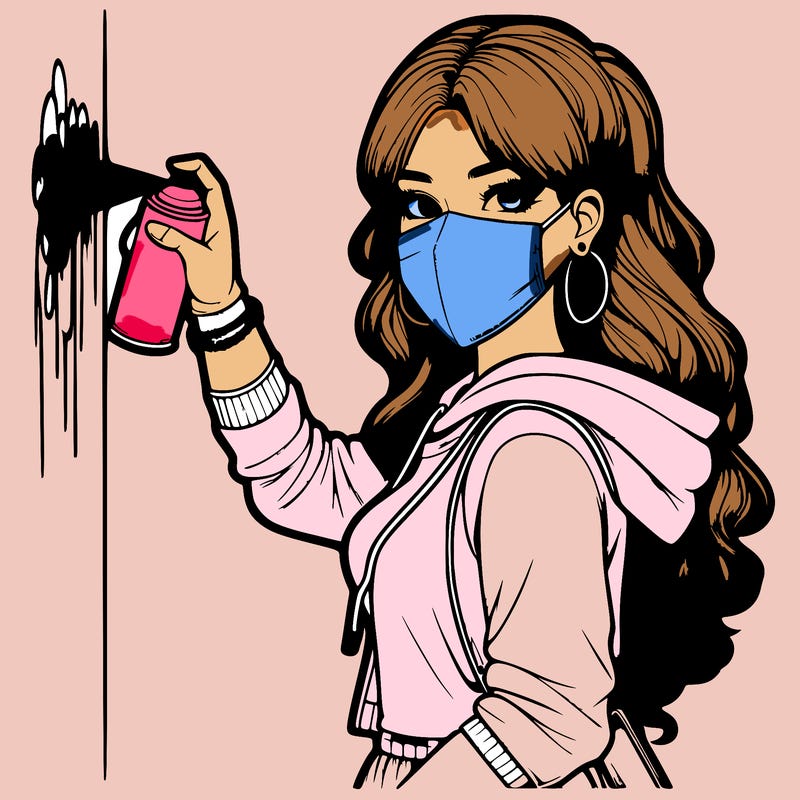 realistic girl with mask spray painting a wall
