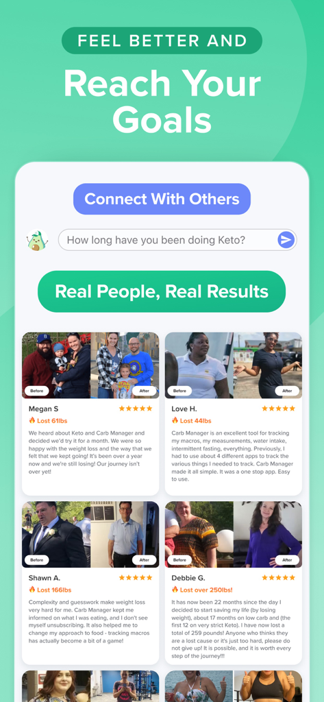 Carb Manager app screen showing user success stories and before and after weight loss results