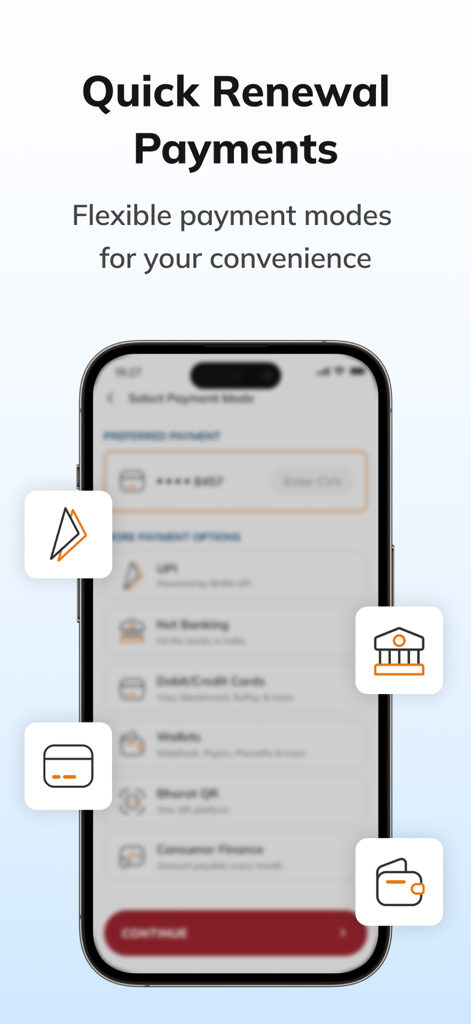 ICICI Prudential Life App - ICICI Prudential Life App screen showing quick renewal payment options with flexible payment modes.
