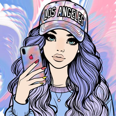 realistic beautiful girl wearing los ángeles cap holding an iphone