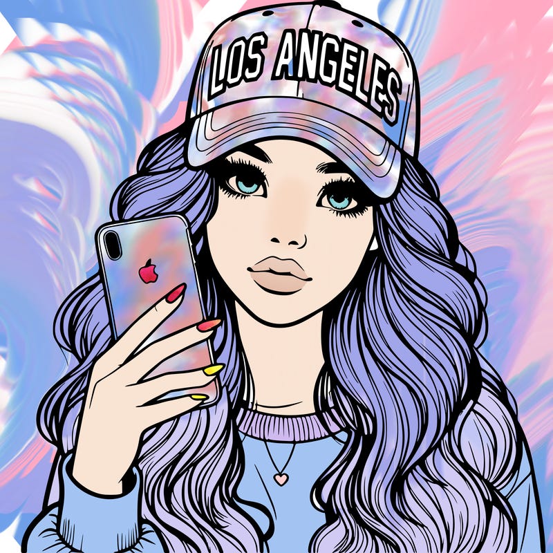 realistic beautiful girl wearing los ángeles cap holding an iphone