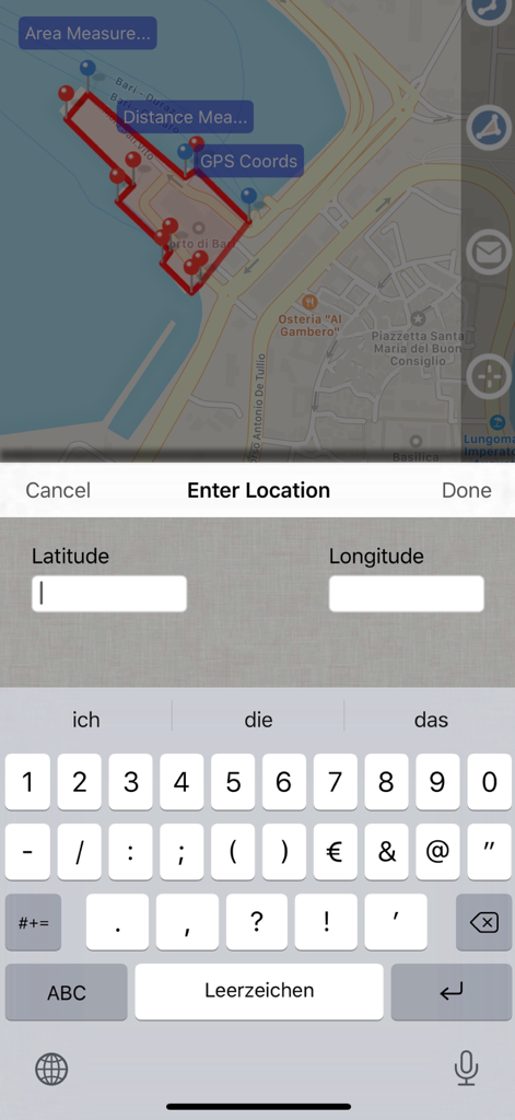 Planimeter GPS Area Measure - Screenshot of Planimeter GPS Area Measure app showing a map with measured area and a data entry screen for latitude and longitude coordinates.