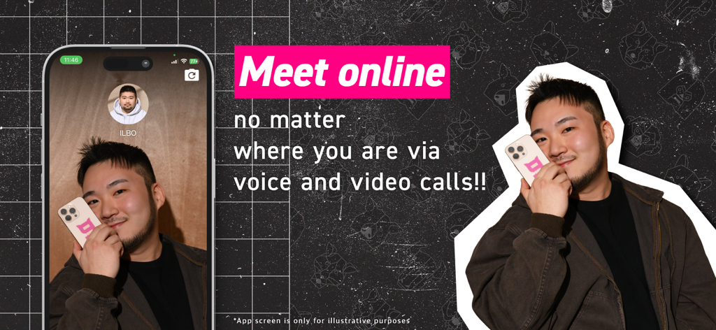 Gay 9monsters ゲイアプリfor Gay - 음성 및 영상 통화를 통한 온라인 만남에 대한 텍스트가 있는 영상 통화 중인 남성을 보여주는 9monsters 앱 프로모션