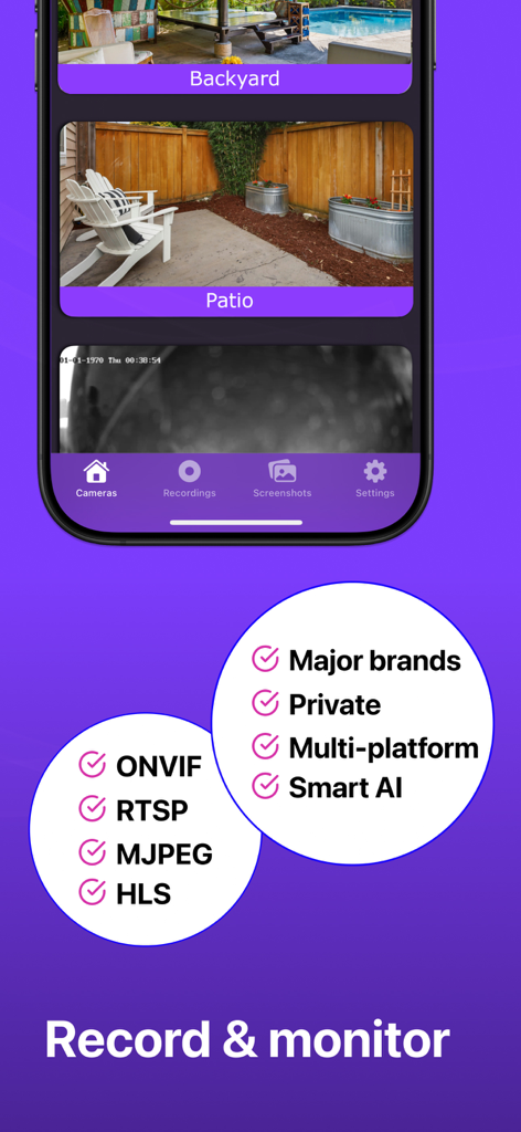IP Camera Viewer - Cam Hero - Cam Hero app interface showing security camera feeds for backyard and patio with support for RTSP and ONVIF protocols
