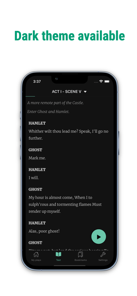Imparato - Theatre - Imparato Theatre app rehearsal screen with a script in dark mode.