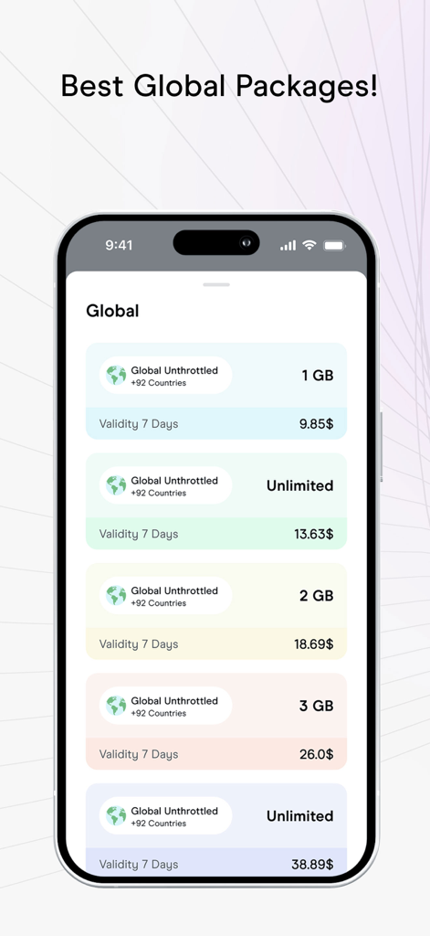 sim365 - sim365 app interface displaying global eSIM data plans with unthrottled access in over 92 countries