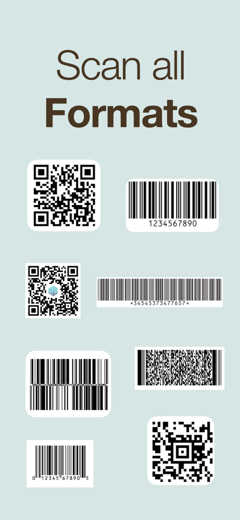 Scan QR Code & Barcode - Una colección de varios códigos QR y de barras que demuestran la capacidad de la aplicación para escanear todos los formatos