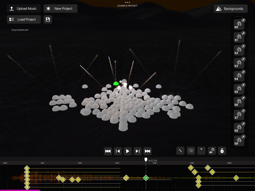 Fireworks display editor with music timeline in Pyro Simulator