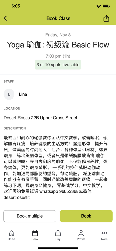 Booking details for a Yoga Basic Flow class in the Desert Roses Yoga Dance app