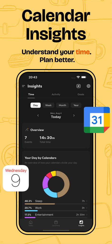 Calflow: Planner & Tracker - Pantalla de la aplicación Calflow que muestra análisis de seguimiento de tiempo y un gráfico de pastel de actividades diarias para la productividad.