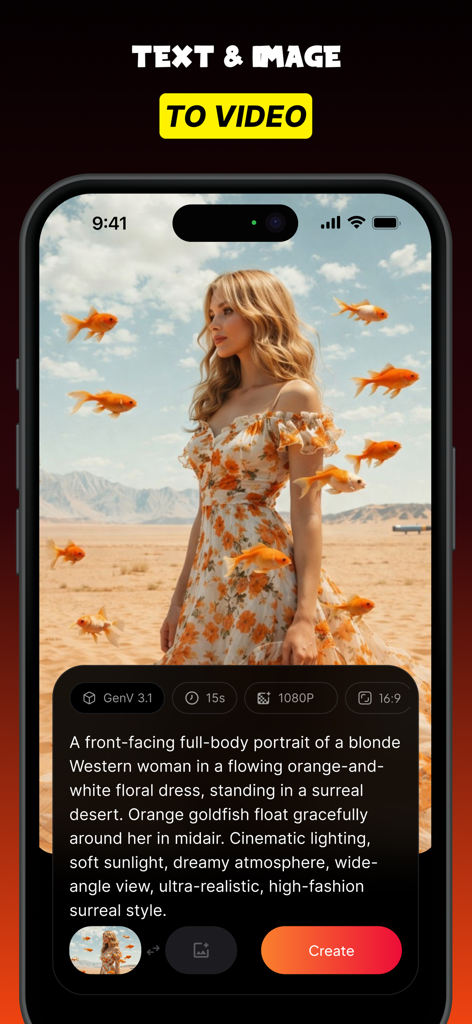 GenV - AI Video Generator - GenV app interface showing the generation of a surreal AI video from a text prompt.