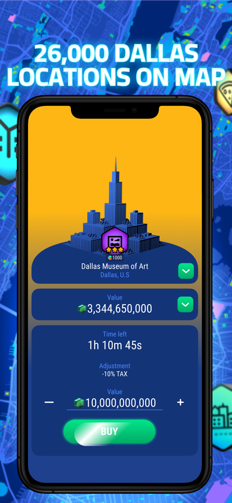 Get Rent: Trade Real Estate - Pantalla móvil de la aplicación Get Rent mostrando la interfaz de compra para el Museo de Arte de Dallas con precio y botón de comprar