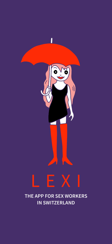 LEXI App - LEXI app splash screen featuring a cartoon woman with a red umbrella and text indicating it is for sex workers in Switzerland
