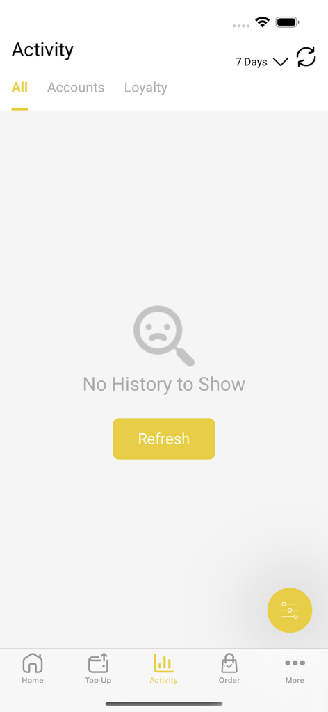 UoB Source Catering App - Activity history screen of the UoB Source Catering App with no transaction history shown
