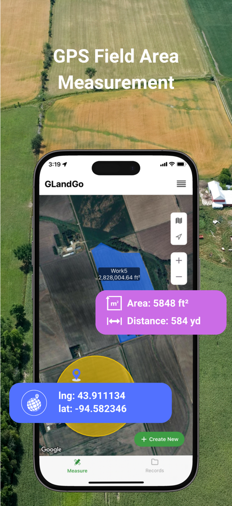 GPS Area Measure: GLandGo - Interfaz de la aplicación GLandGo que muestra mediciones de área y distancia de campos GPS en un mapa satelital