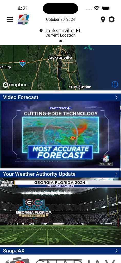 News4Jax Weather Authority - News4Jax Weather Authority app home screen with local Jacksonville map and video forecast