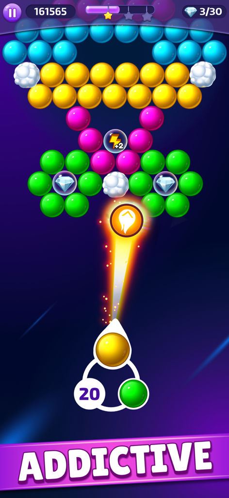 Bubble Pop: Bubble Shooter Pop - Interfaz de juego de disparar burbujas coloridas que muestra burbujas siendo reventadas con el texto adictivo.